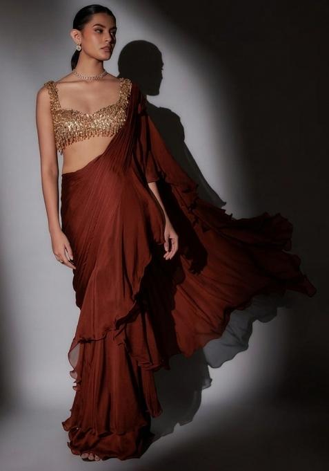 Rust Brown Hand Work CHINON Pre Draped Saree Set