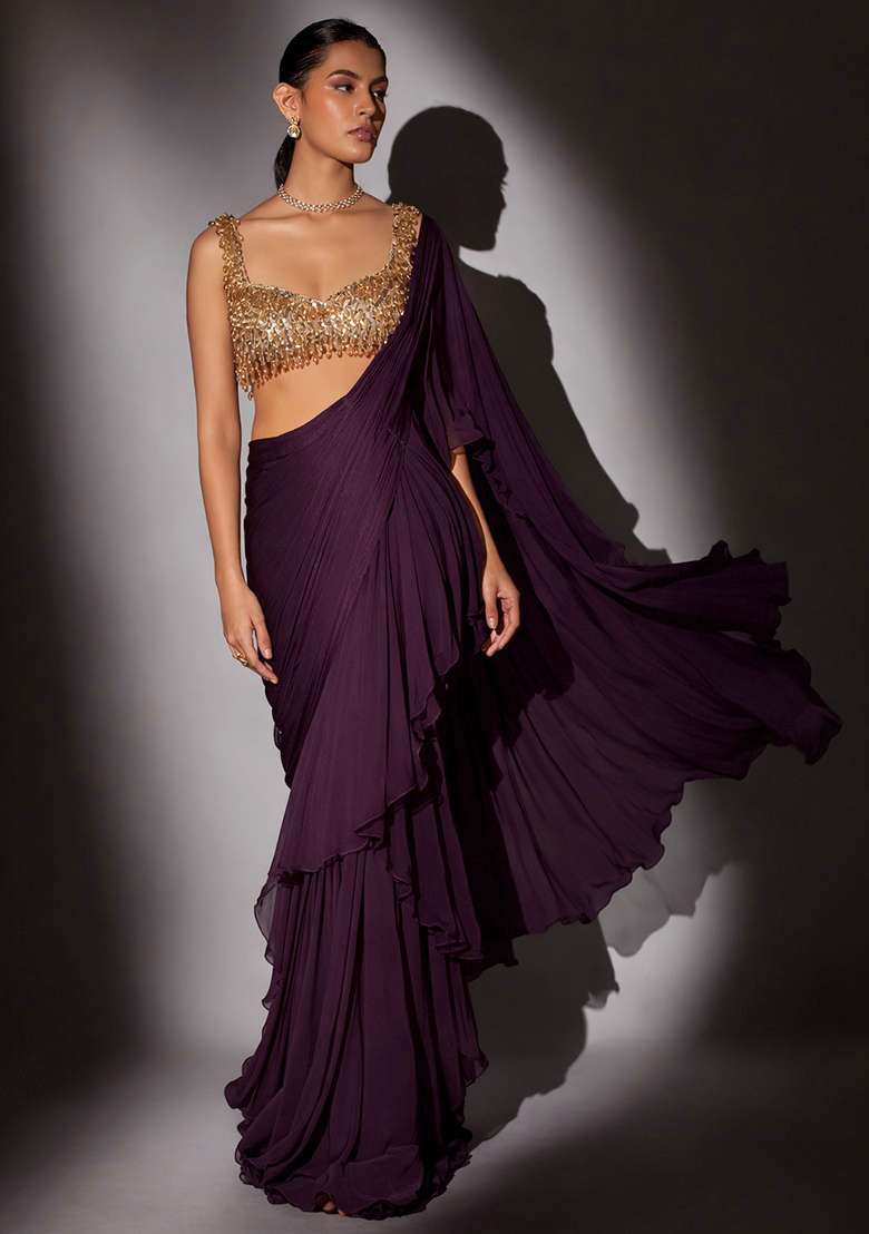 Deep Wine Hand Work CHINON Pre Draped Saree Set - Indya
