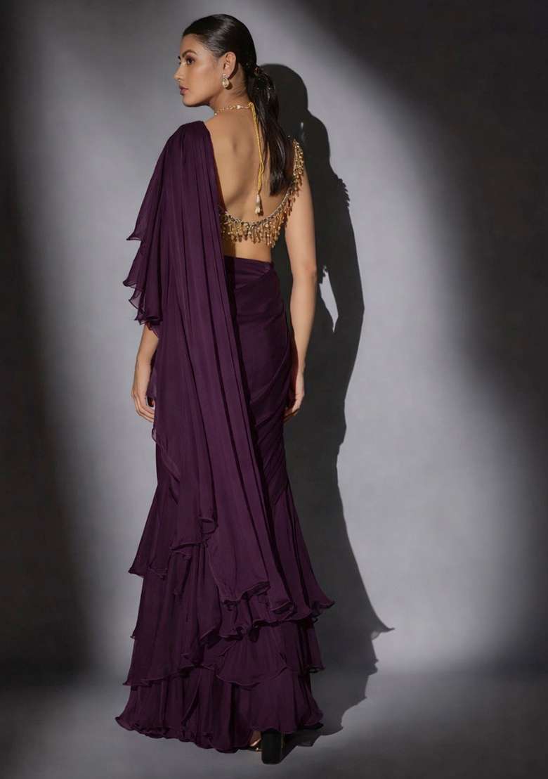 Deep Wine Hand Work CHINON Pre Draped Saree Set - Indya