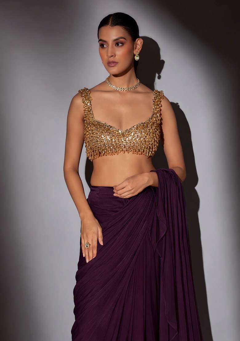 Deep Wine Hand Work CHINON Pre Draped Saree Set - Indya