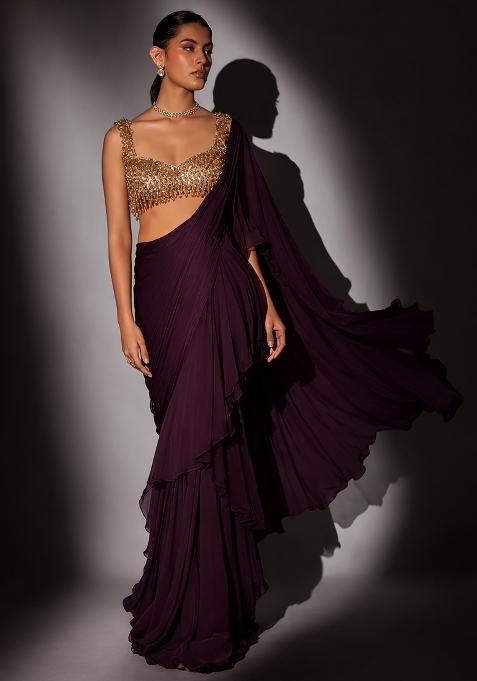 Deep Wine Hand Work CHINON Pre Draped Saree Set