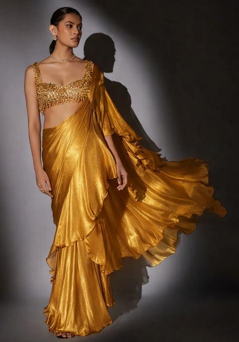 Yellow Hand Work CHINON Pre Draped Saree Set