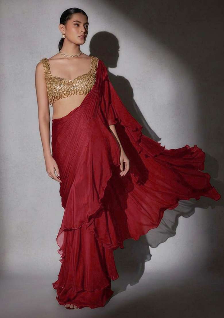 Brown Hand Work CHINON Pre Draped Saree Set - Indya