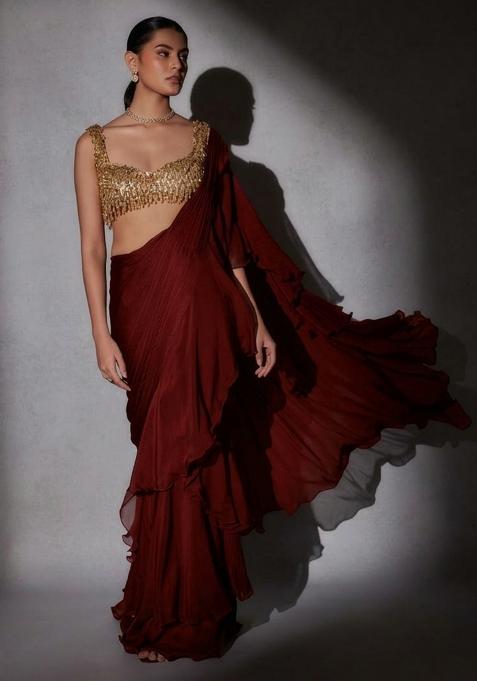 Brown Hand Work CHINON Pre Draped Saree Set