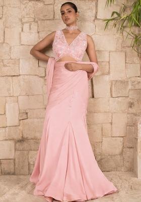 Baby Pink Hand Work Satin Pre Draped Saree Set