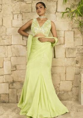 Pistachio Green Hand Work Satin Pre Draped Saree Set