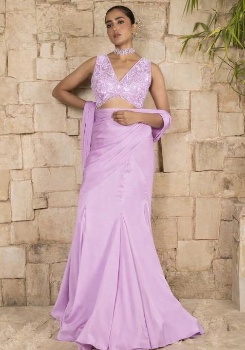 Lilac Hand Work Satin Pre Draped Saree Set