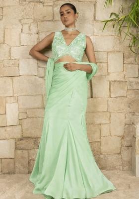 Mint Green Hand Work Satin Pre Draped Saree Set