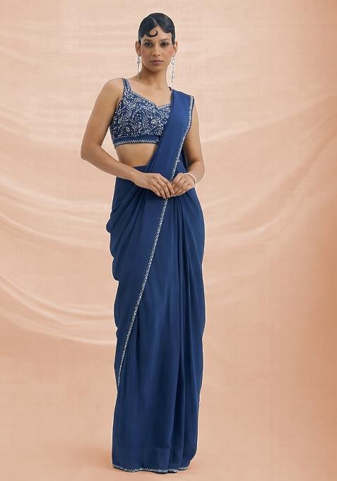 Navy Blue Hand Work Crepe Pre Draped Saree Set