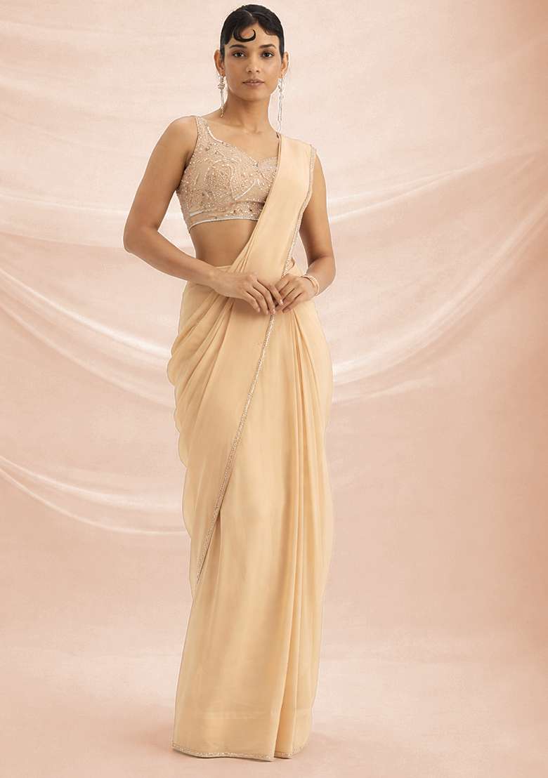 Beige Hand Work Crepe Pre Draped Saree Set - Indya