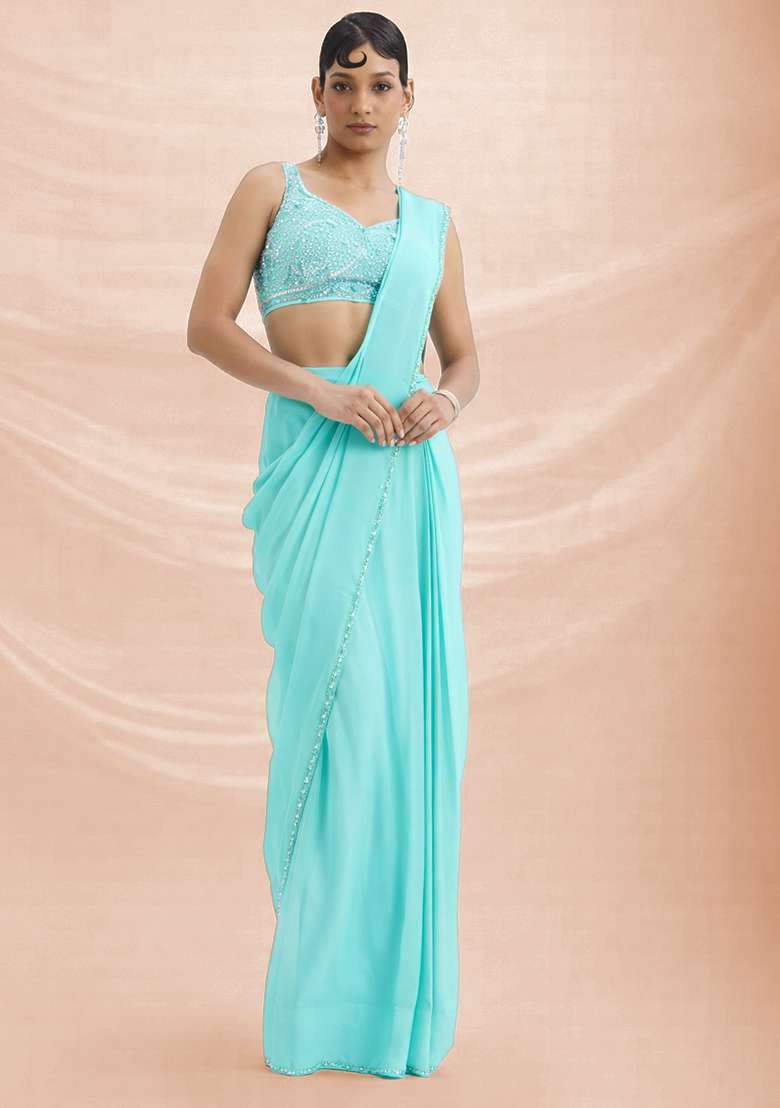 Turquoise Blue Hand Work Crepe Pre Draped Saree Set - Indya