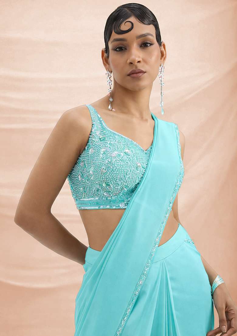 Turquoise Blue Hand Work Crepe Pre Draped Saree Set - Indya