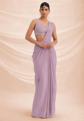 Mauve Hand Work Crepe Pre Draped Saree Set