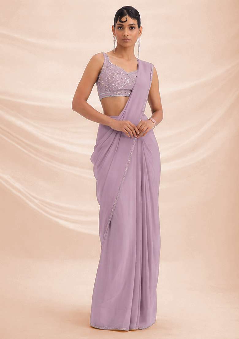 Mauve Hand Work Crepe Pre Draped Saree Set - Indya