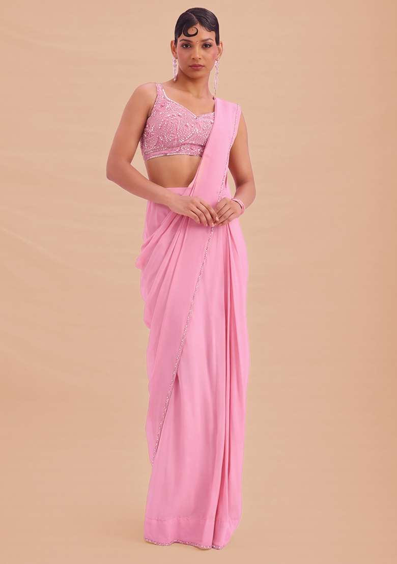 Pink Hand Work Crepe Pre Draped Saree Set - Indya