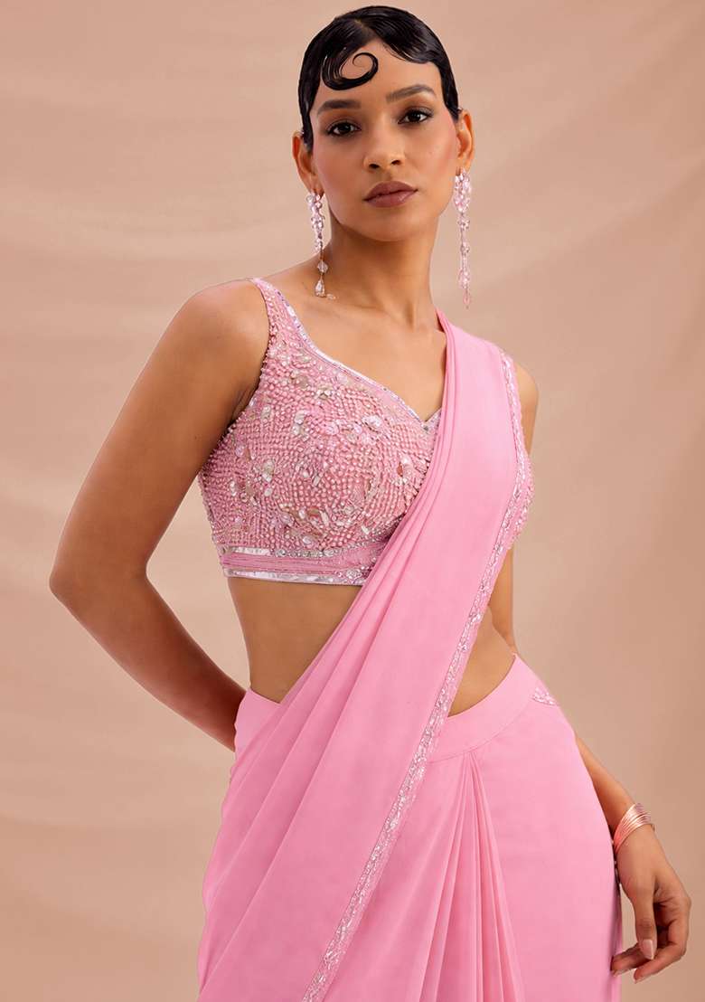 Pink Hand Work Crepe Pre Draped Saree Set - Indya