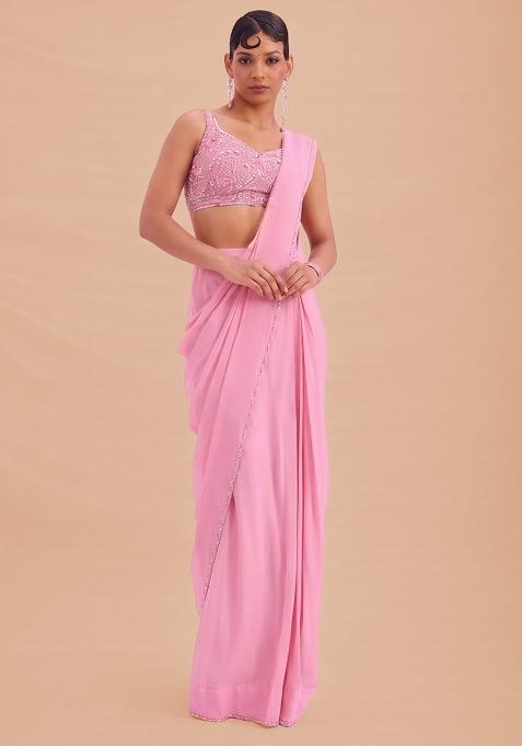 Pink Hand Work Crepe Pre Draped Saree Set