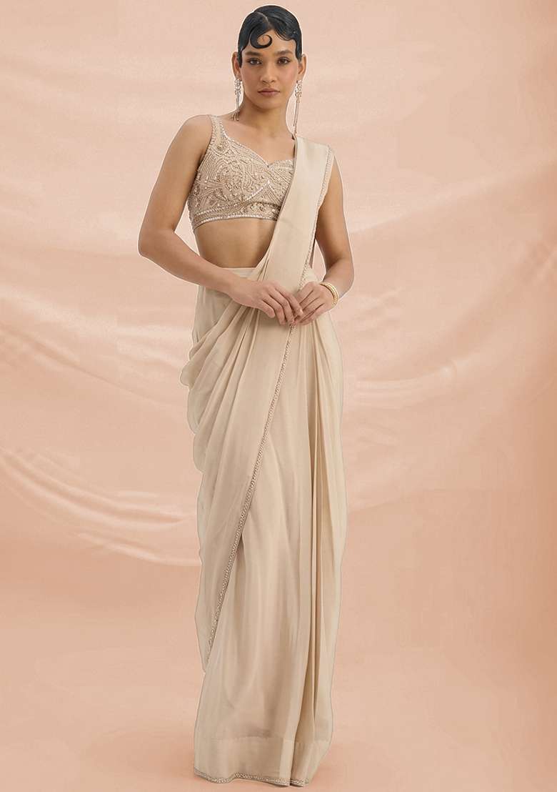 Off White Hand Work Crepe Pre Draped Saree Set - Indya