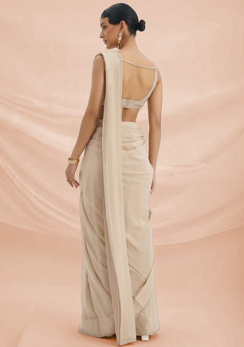 Off White Hand Work Crepe Pre Draped Saree Set - Indya