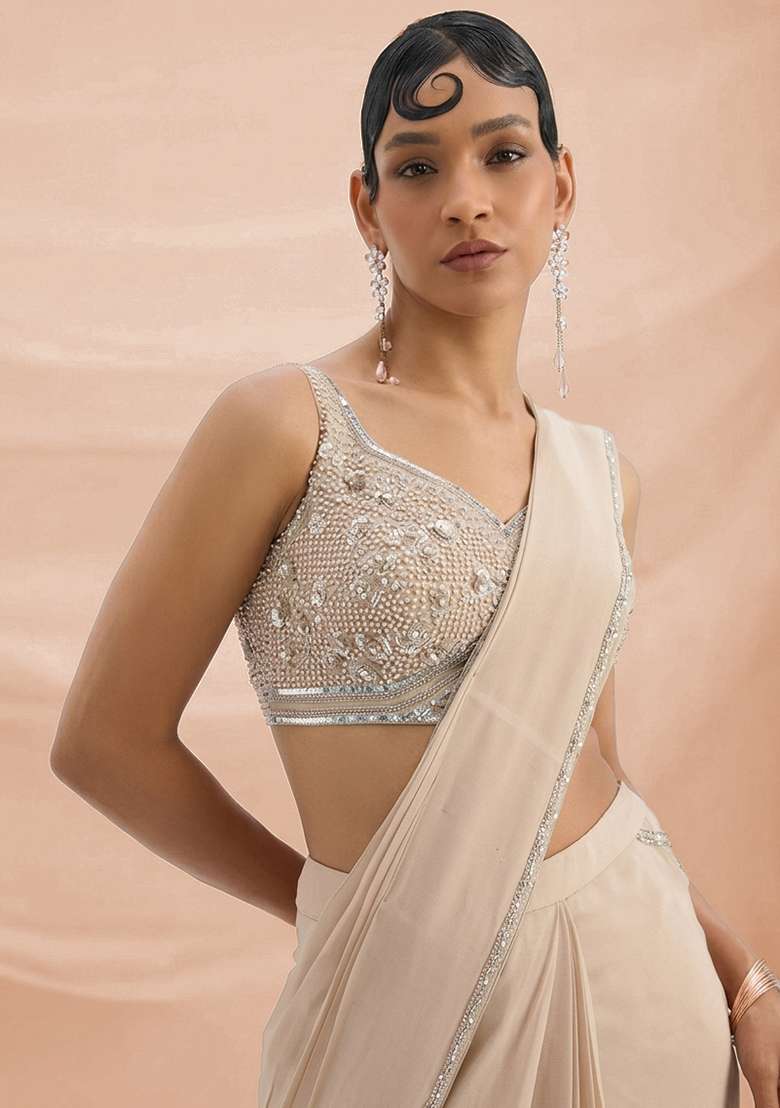 Off White Hand Work Crepe Pre Draped Saree Set - Indya