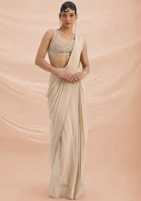 Off White Hand Work Crepe Pre Draped Saree Set