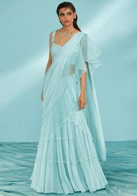 Turquoise Blue Hand Work Georgette Pre Draped Saree Set