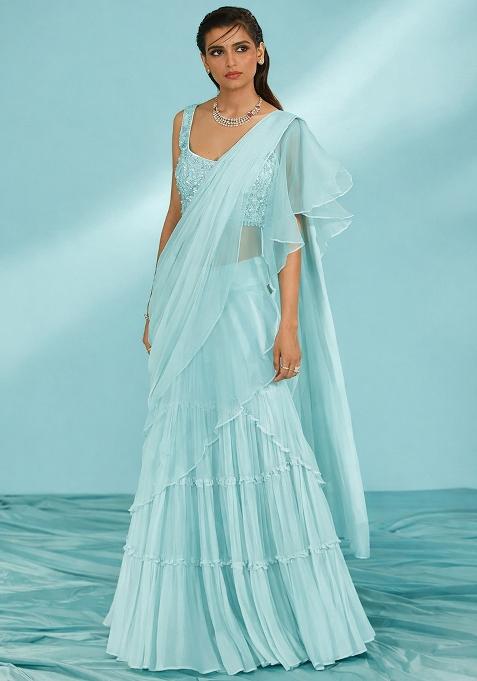 Turquoise Blue Hand Work Georgette Pre Draped Saree Set