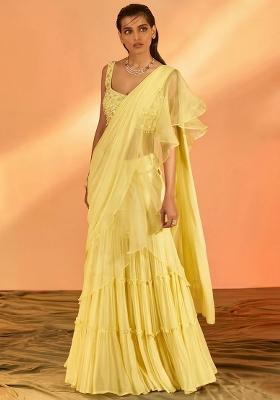 Yellow Hand Work Georgette Pre Draped Saree Set