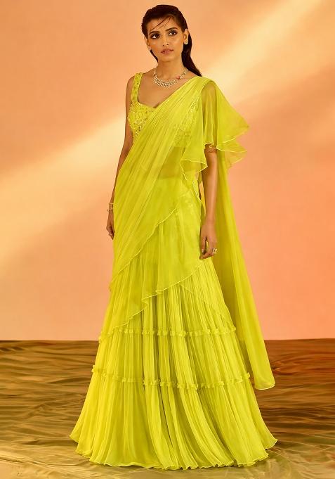 Lime Green Hand Work Georgette Pre Draped Saree Set