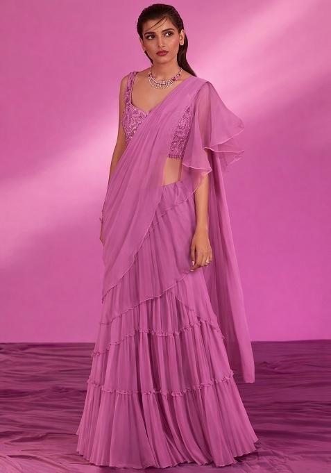 Pink Hand Work Georgette Pre Draped Saree Set