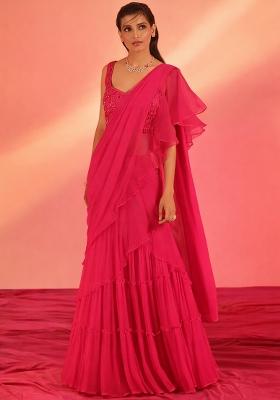 Rani Pink Hand Work Georgette Pre Draped Saree Set