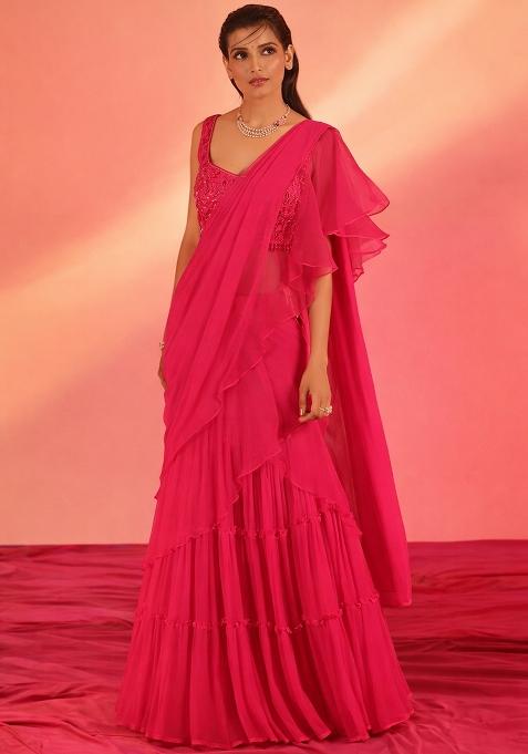 Rani Pink Hand Work Georgette Pre Draped Saree Set