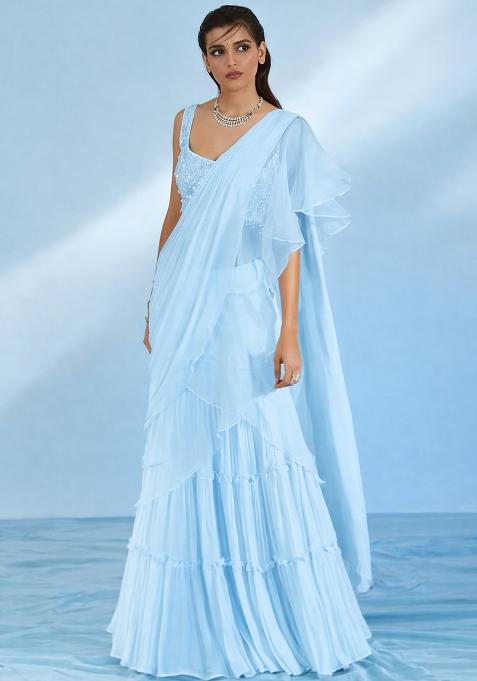 Turquoise Blue Hand Work Georgette Pre Draped Saree Set