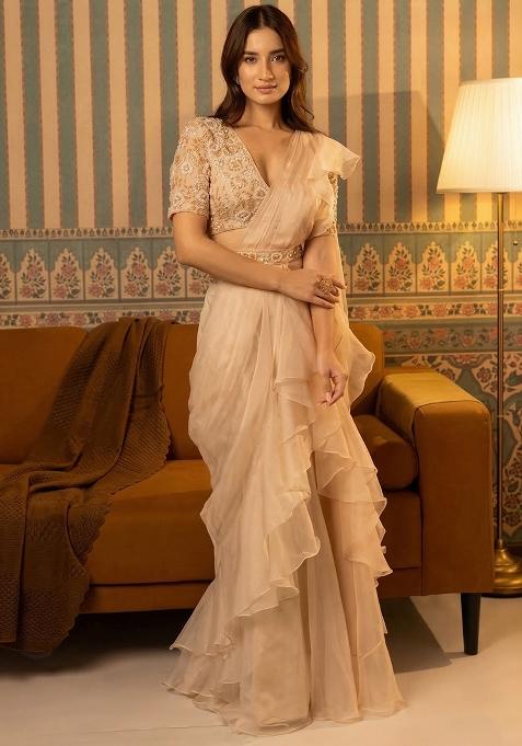 Champagne Beige Hand Work Organza Pre Draped Saree Set