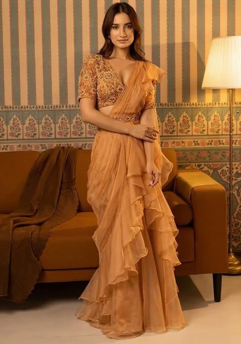 Brown Hand Work Organza Pre Draped Saree Set