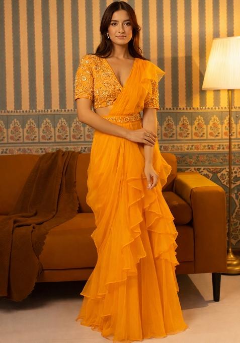 Orange Hand Work Organza Pre Draped Saree Set