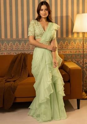 Pastel Green Hand Work Organza Pre Draped Saree Set