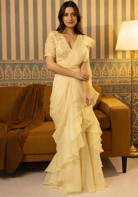 Yellow Hand Work Organza Pre Draped Saree Set