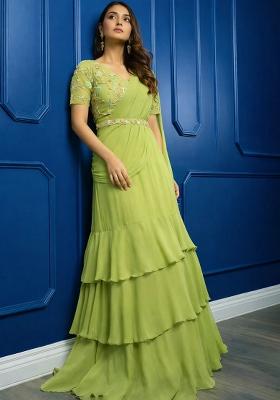 Lime Green Hand Work Georgette Pre Draped Saree Set