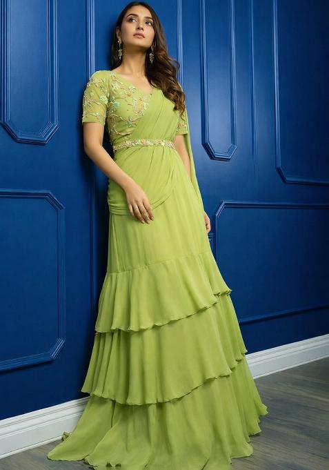 Lime Green Hand Work Georgette Pre Draped Saree Set