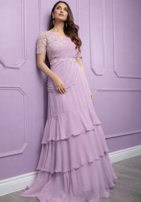Lilac Hand Work Georgette Pre Draped Saree Set