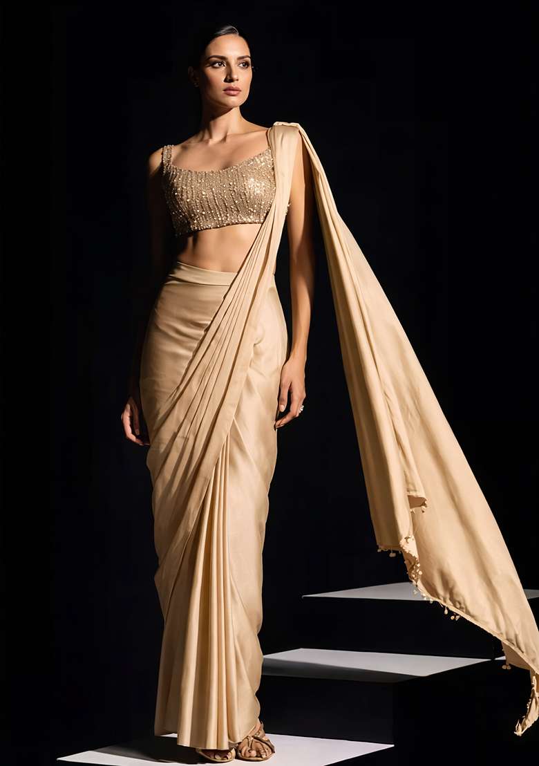 Champagne Beige Hand Work Crepe Pre Draped Saree Set - Indya