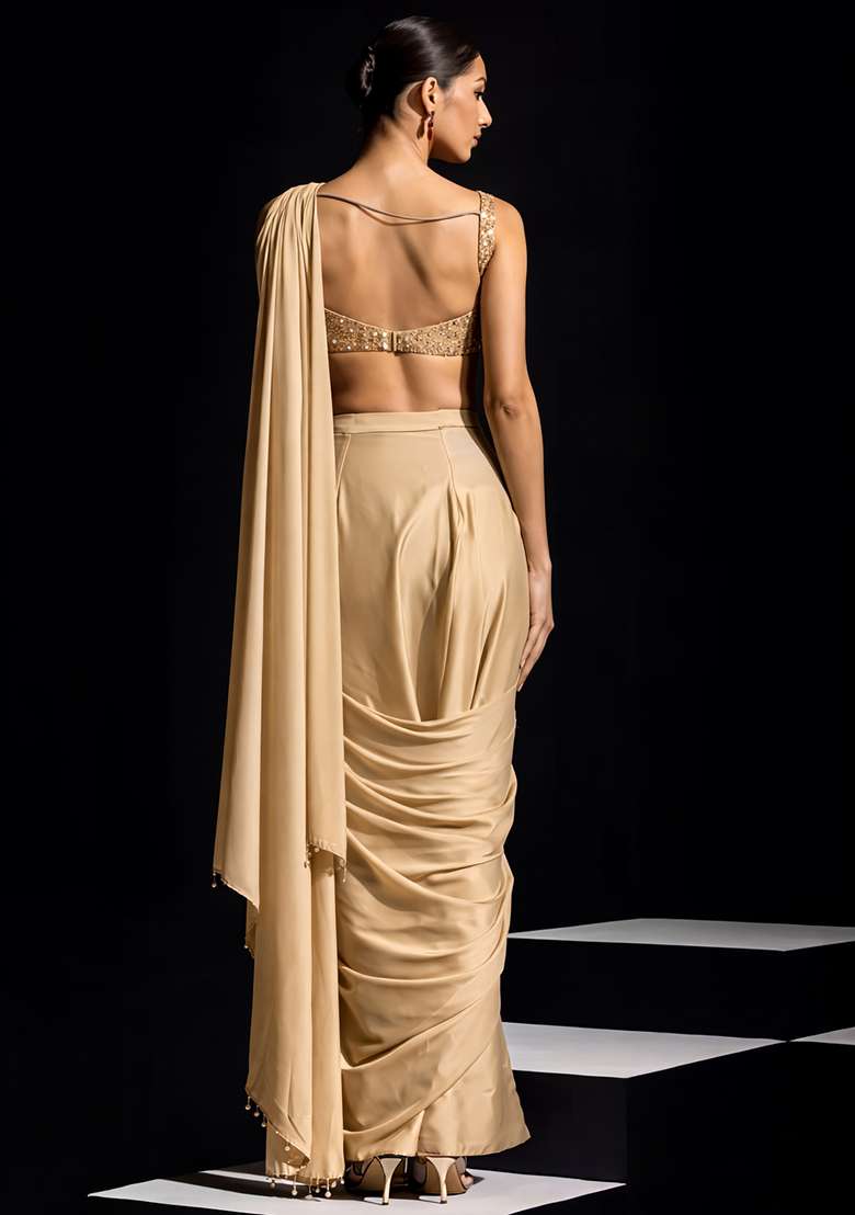 Champagne Beige Hand Work Crepe Pre Draped Saree Set - Indya