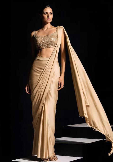 Champagne Beige Hand Work Crepe Pre Draped Saree Set