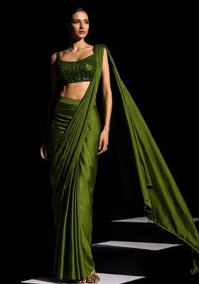 Olive Green Hand Work Crepe Pre Draped Saree Set