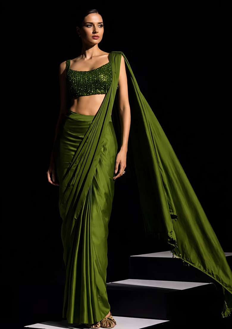Olive Green Hand Work Crepe Pre Draped Saree Set - Indya