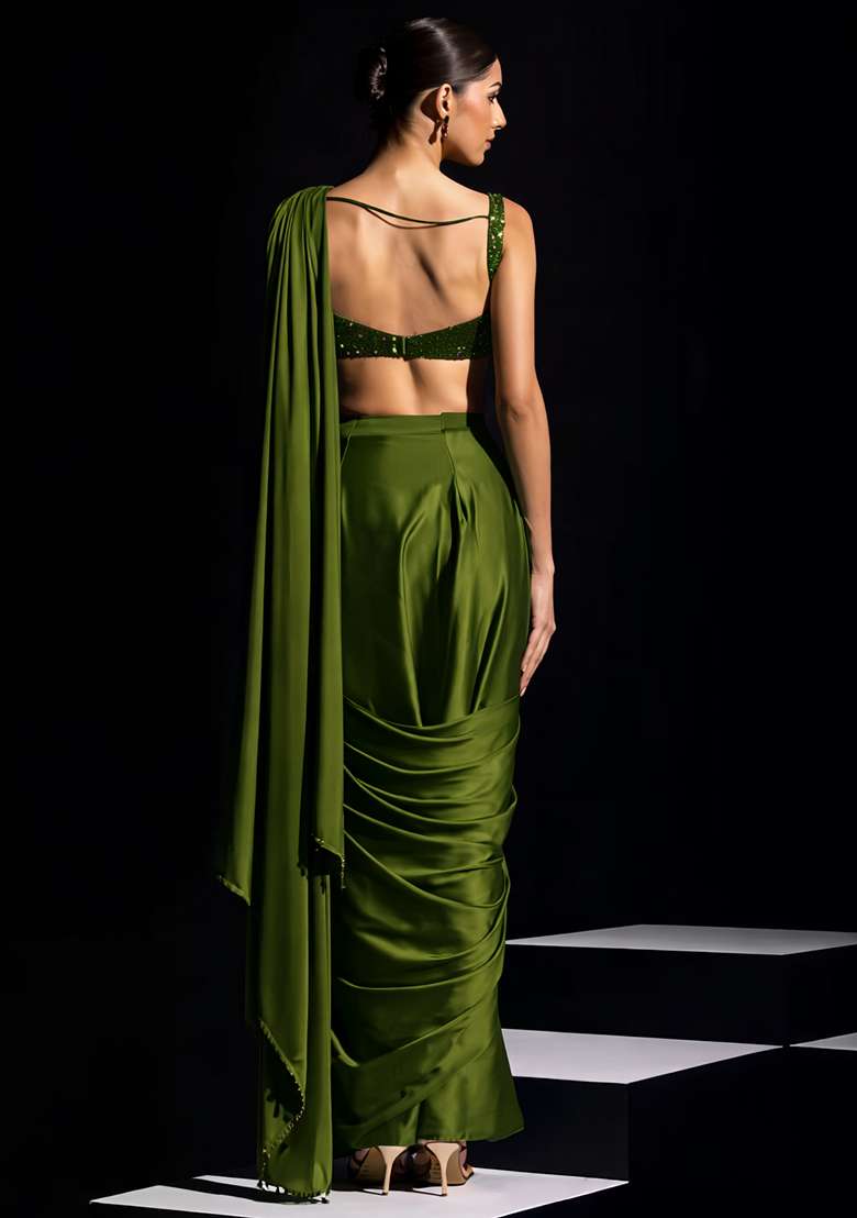 Olive Green Hand Work Crepe Pre Draped Saree Set - Indya