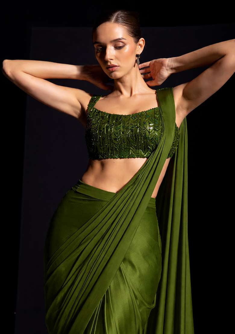 Olive Green Hand Work Crepe Pre Draped Saree Set - Indya