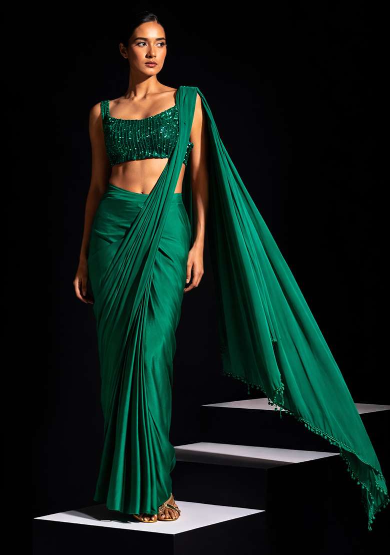Bottle Green Hand Work Crepe Pre Draped Saree Set - Indya
