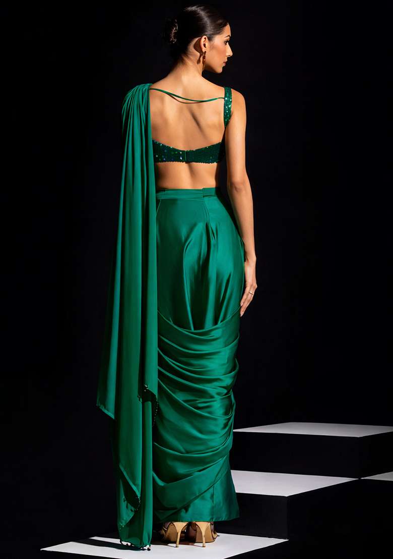 Bottle Green Hand Work Crepe Pre Draped Saree Set - Indya